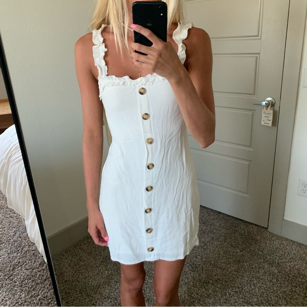 White Button Down Tie Back Mini Dress with Ruffles